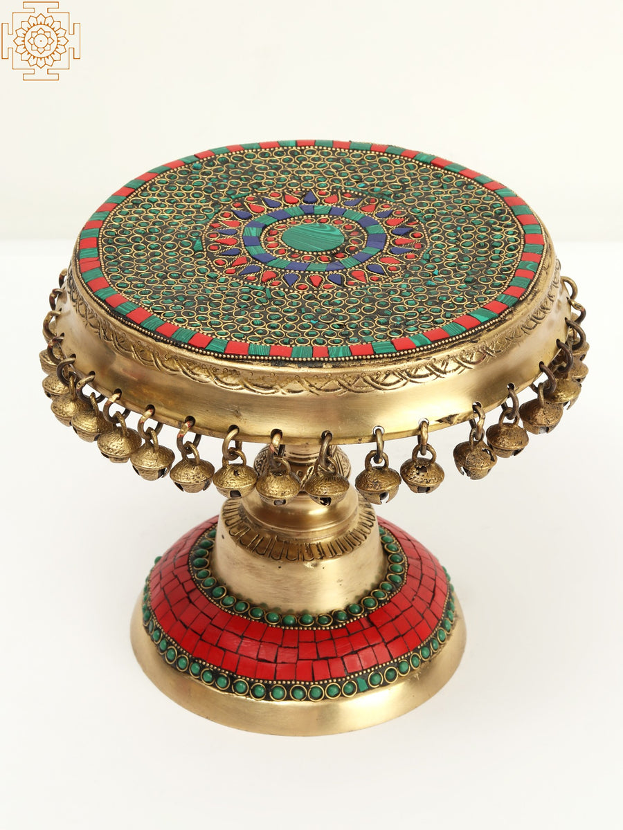 9" Brass Pedestal with Dangling Ghungroos and Inlay Work