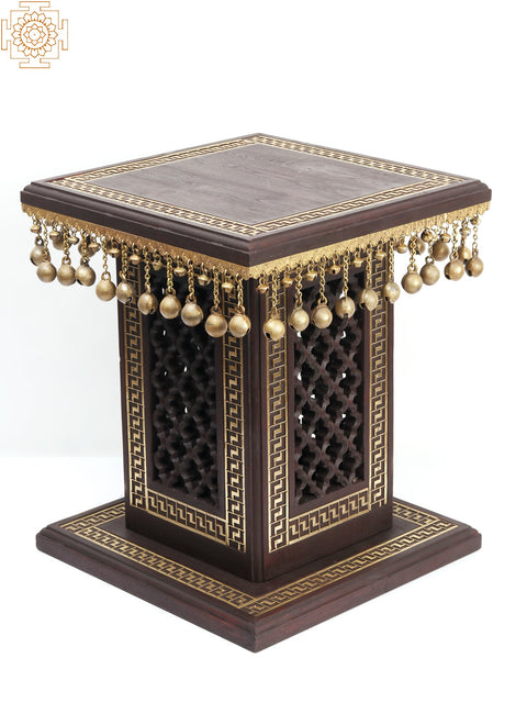18" Wooden Designer Pedestal/Chowki with Dangling Ghungroos in Brass