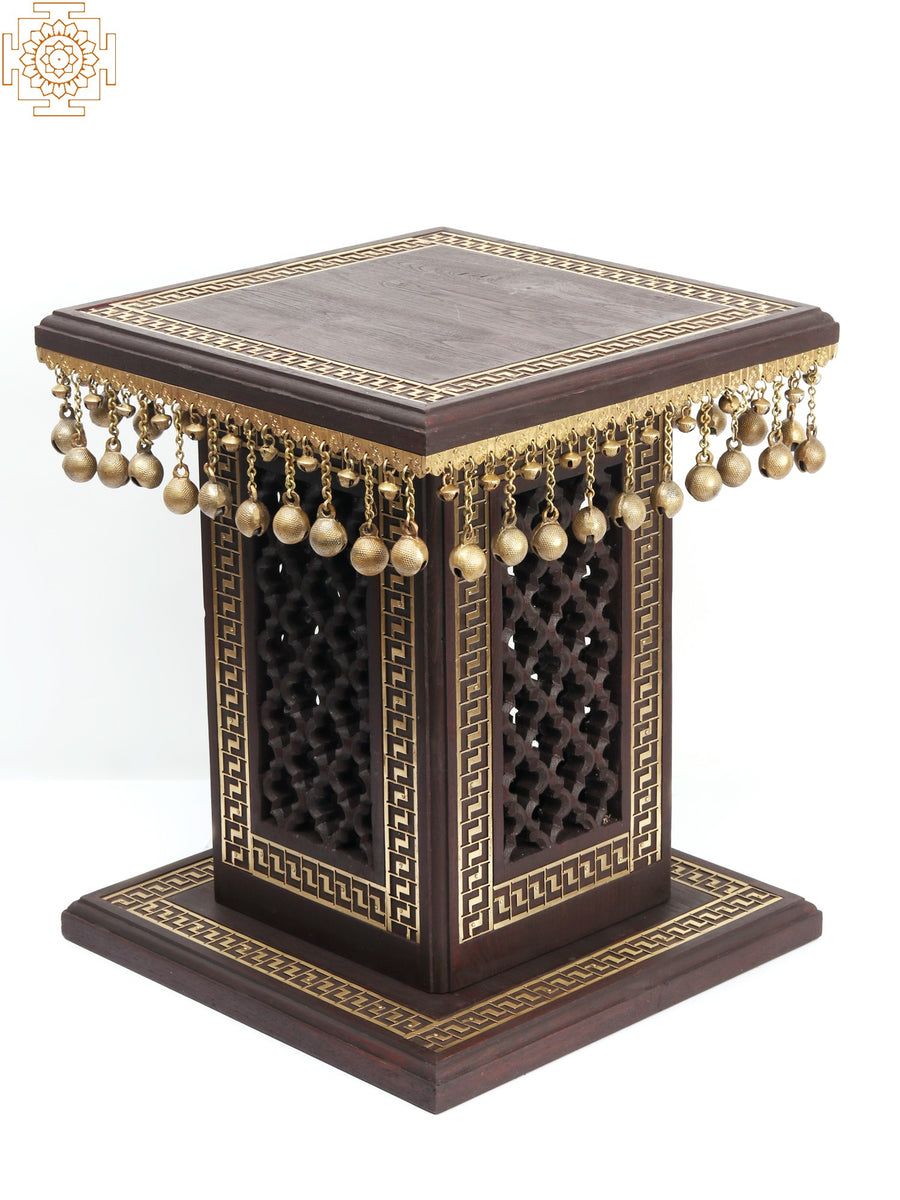 18" Wooden Designer Chowki with Brass Dangling Ghungroos
