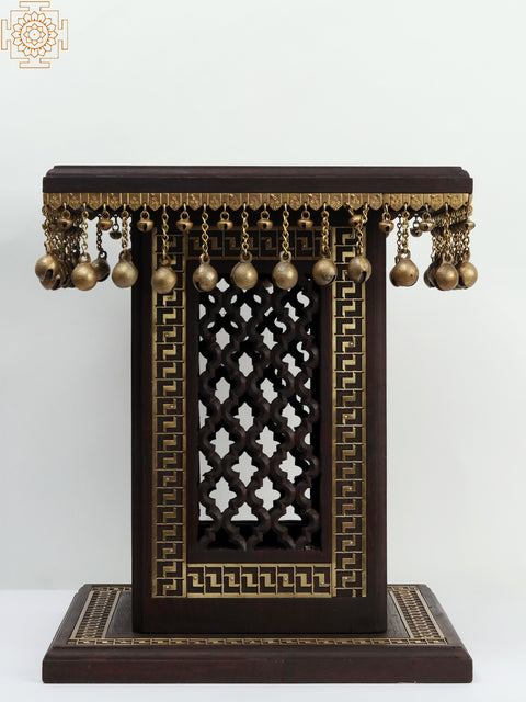 18" Wooden Designer Pedestal/Chowki with Dangling Ghungroos in Brass