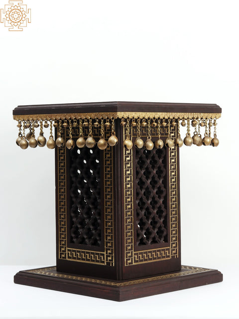 18" Wooden Designer Pedestal/Chowki with Dangling Ghungroos in Brass