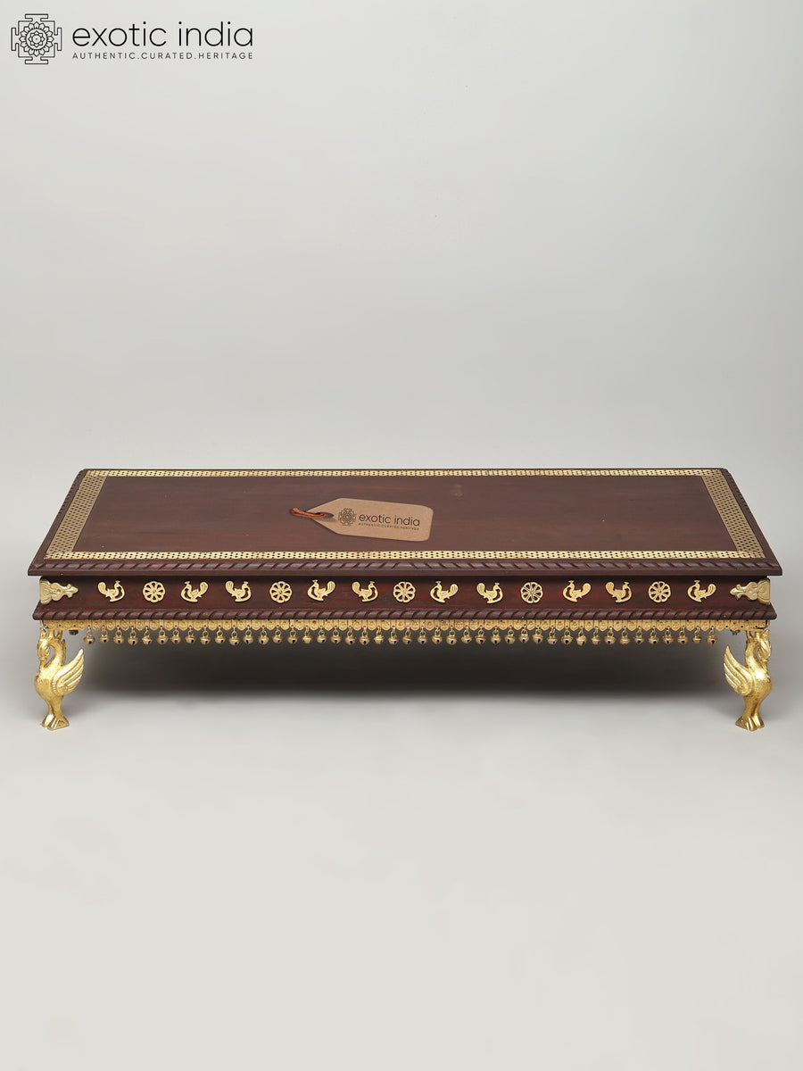 36" Rectangular Wood and Brass Chowki with Dangling Ghungroos