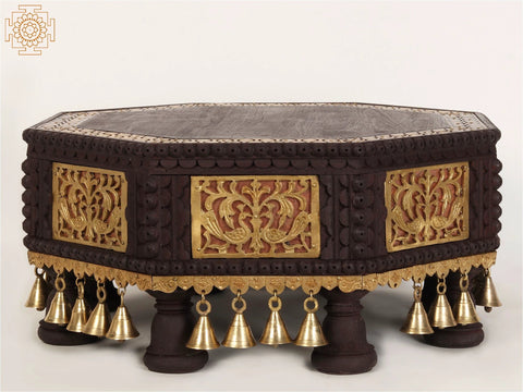 20" Wooden Octagonal Shape Designer Chowki/Pedestal with Dangling Bells in Brass