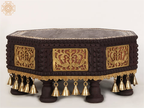 20" Wooden Octagonal Shape Designer Chowki/Pedestal with Dangling Bells in Brass