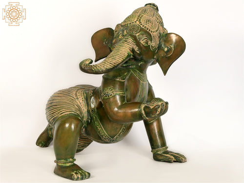 25" Crawling Baby Ganesha Brass Idol for Home Decor