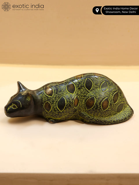 7" Brass Cat Statue In Hunting Pose | Home Decor