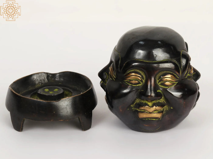 4" Brass Small Laughing Buddha Head with Incense Burner