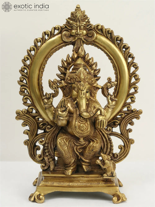 16" Brass Lord Ganesha Seated on Kirtimukha Throne Statue