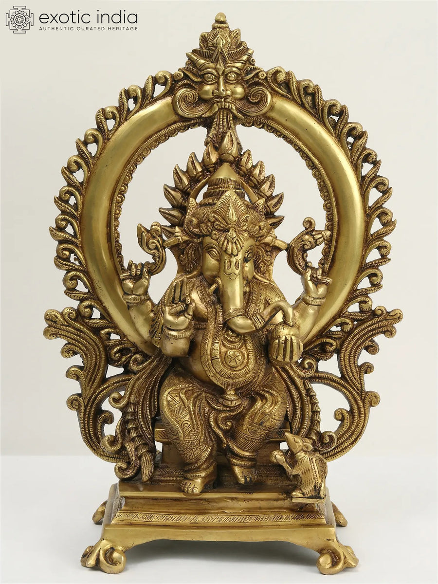 16" Brass Lord Ganesha Seated on Kirtimukha Throne Statue