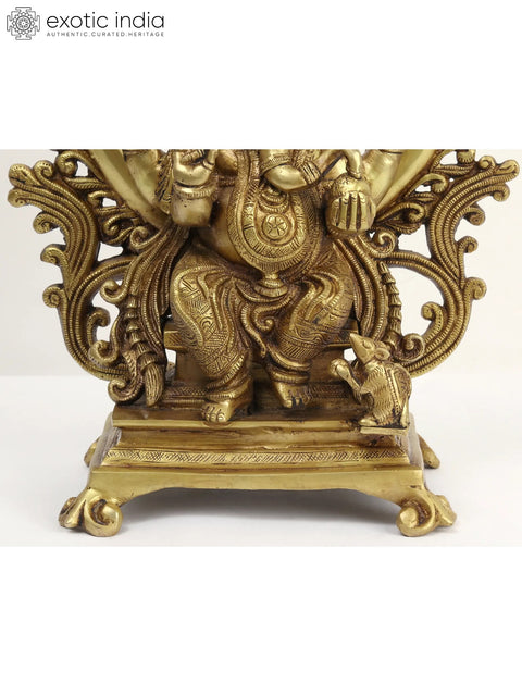 16" Brass Lord Ganesha Seated on Kirtimukha Throne