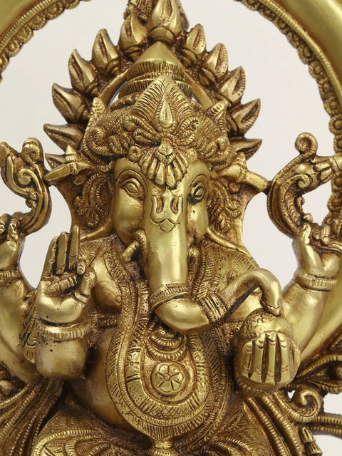 16" Brass Lord Ganesha Seated on Kirtimukha Throne