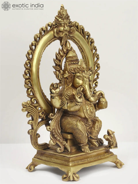16" Brass Lord Ganesha Seated on Kirtimukha Throne
