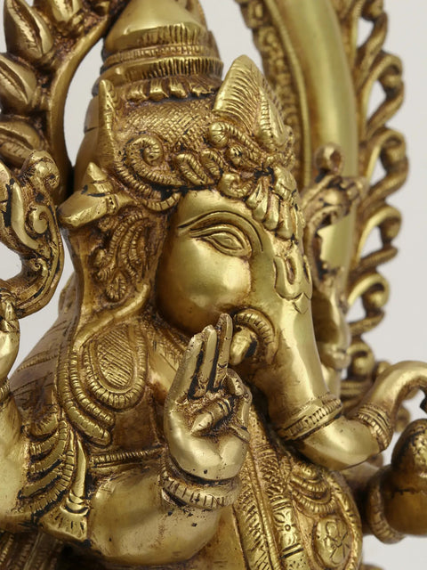 16" Brass Lord Ganesha Seated on Kirtimukha Throne