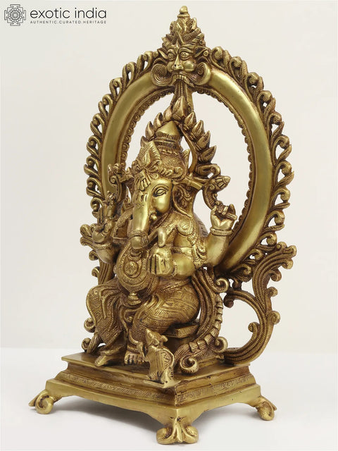 16" Brass Lord Ganesha Seated on Kirtimukha Throne