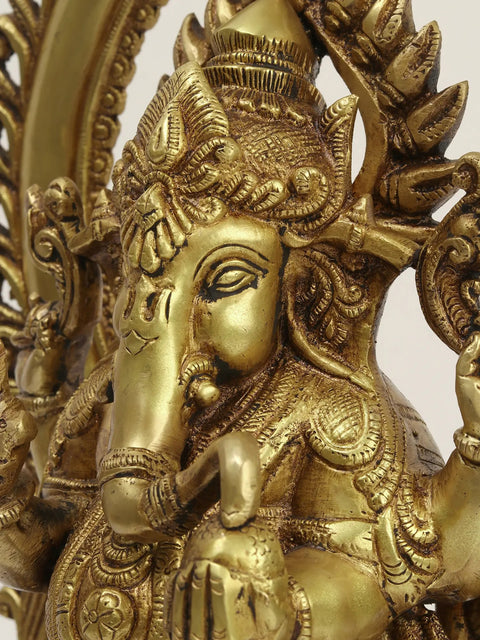 16" Brass Lord Ganesha Seated on Kirtimukha Throne