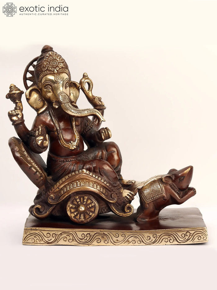 12" Lord Ganesha Brass Statue on Mouse Mount Handmade