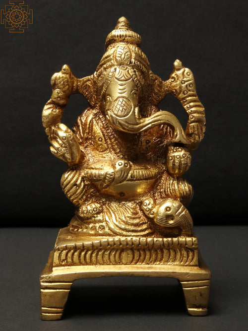 3" Chaturbhuja Ganesha Brass Statue for Home Pooja