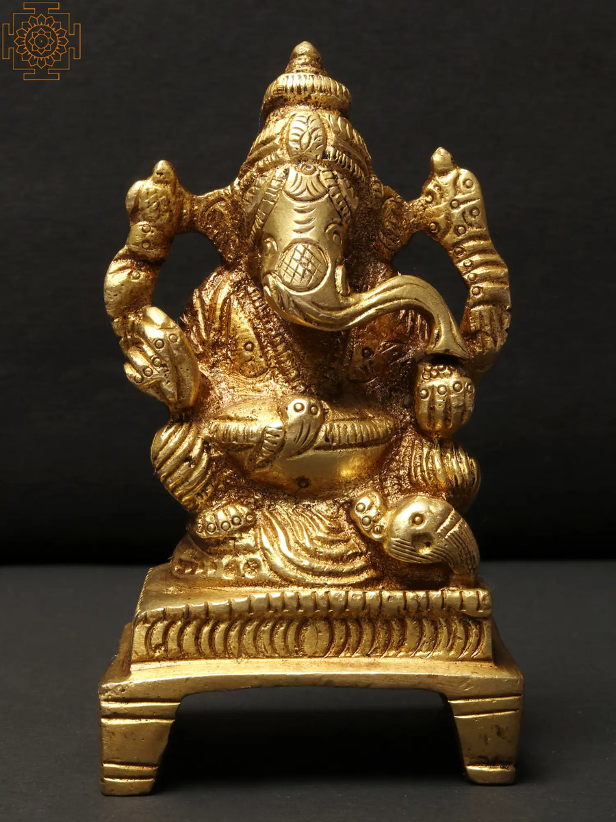 3" Chaturbhuja Ganesha Brass Statue for Home Pooja