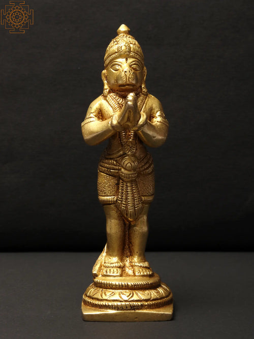 4" Standing Lord Hanuman Brass Statue in Namaskar Mudra
