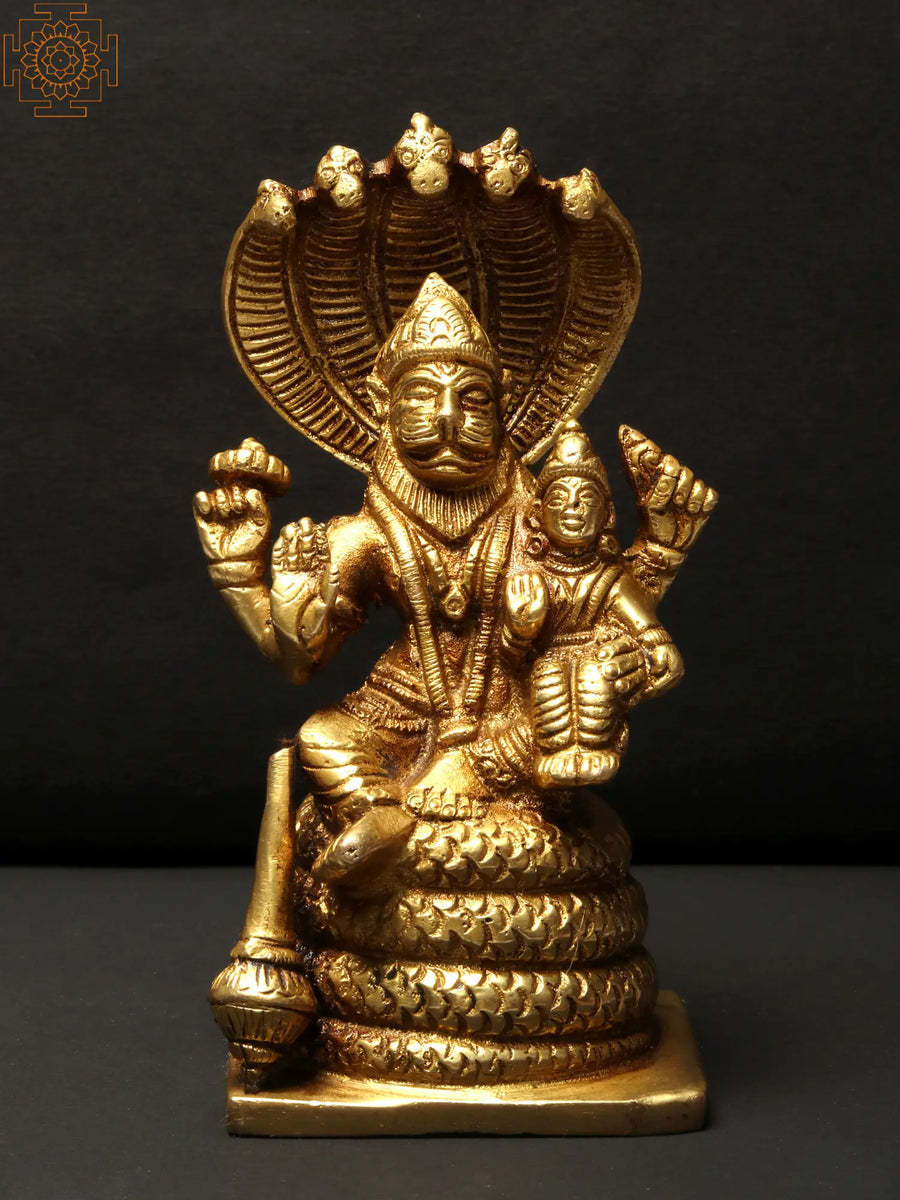 5" Narasimha Brass Idol with Lakshmi and Sheshnag Statue