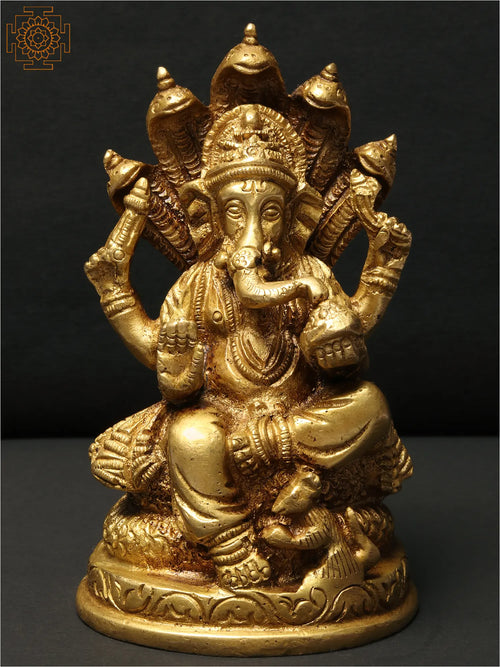 5" Lord Ganesha Brass Statue with Sheshnag - Handmade Blessing Idol