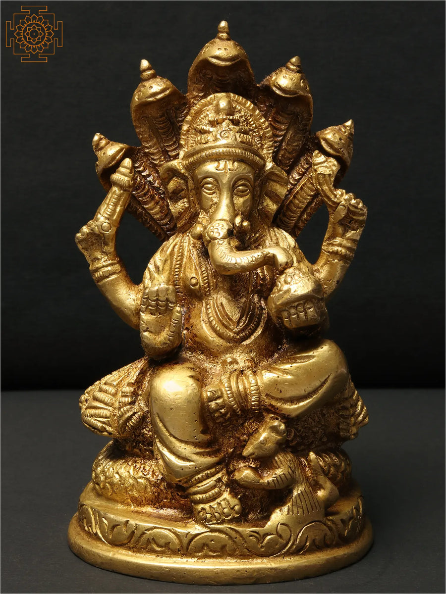 5" Lord Ganesha Brass Statue with Sheshnag - Handmade Blessing Idol