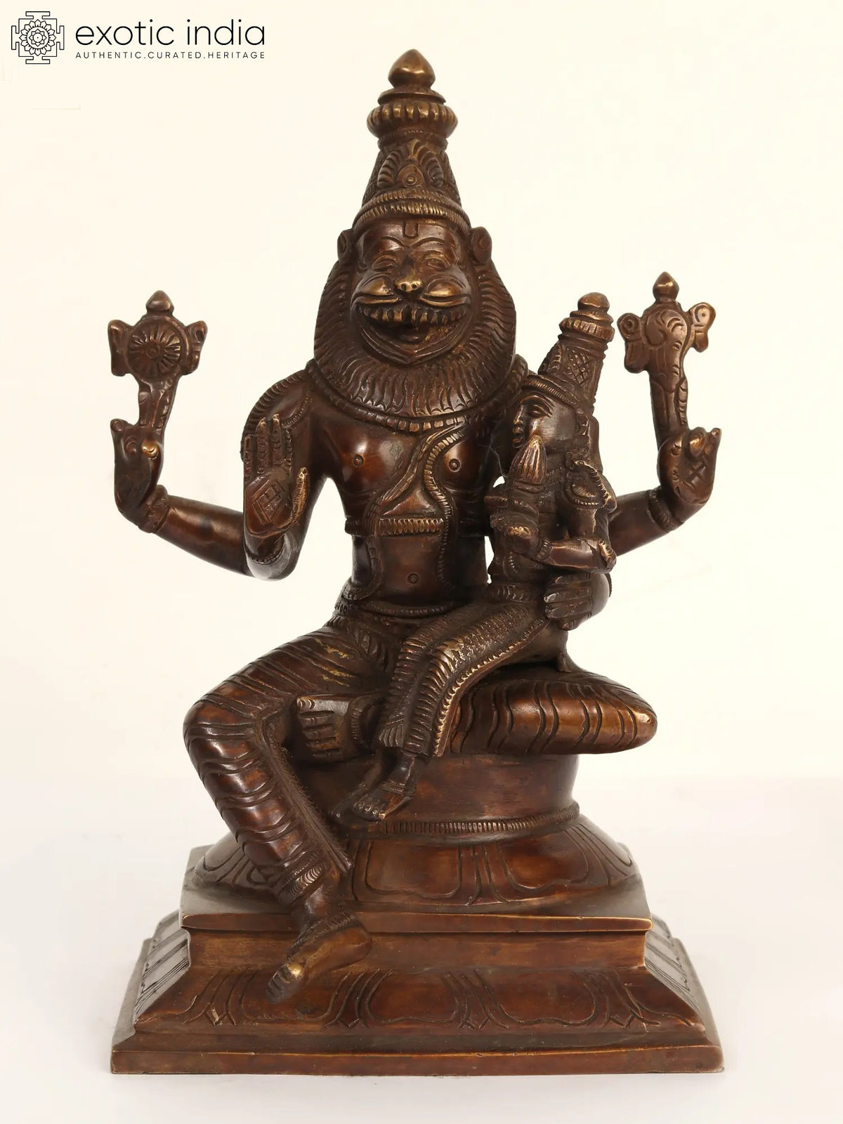 9" Brass Lord Narasimha with Goddess Lakshmi