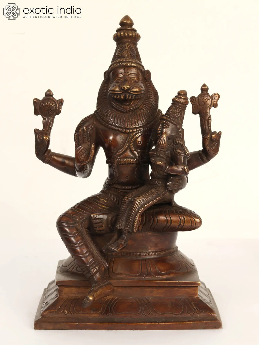 9" Brass Lord Narasimha with Goddess Lakshmi Statue