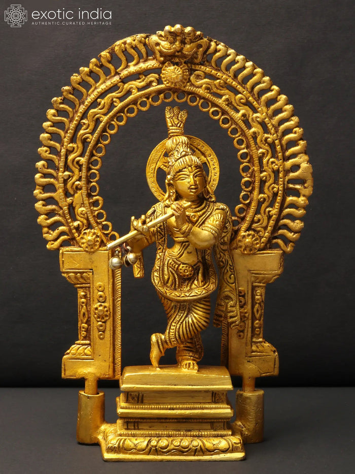 8" Brass Lord Krishna Flute Idol with Kirtimukha Pedestal for Pooja
