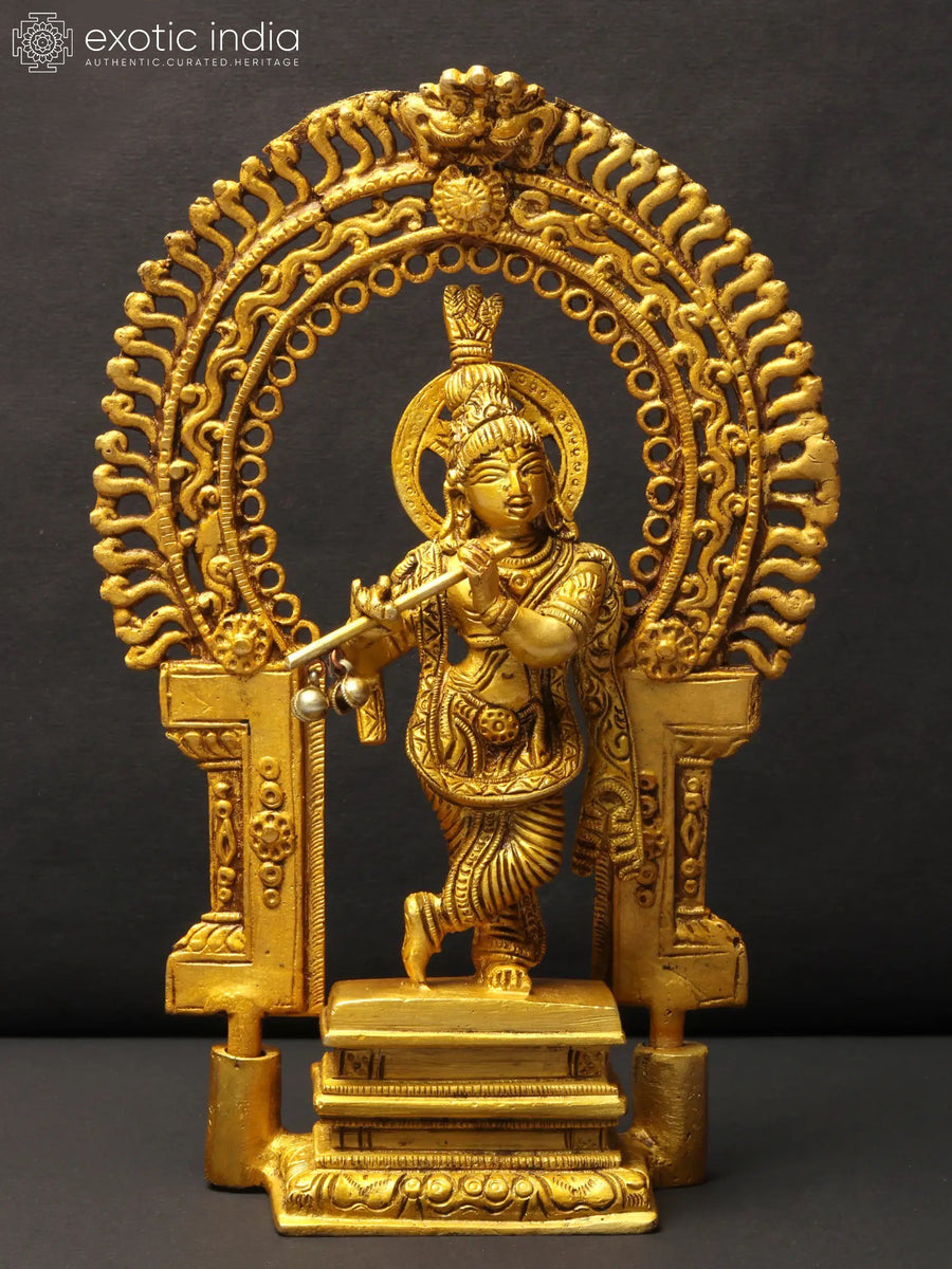 8" Brass Lord Krishna Flute Idol with Kirtimukha Pedestal for Pooja