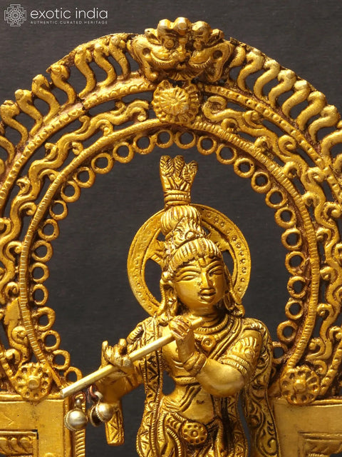 8" Brass Lord Krishna Idol Playing Flute on Kirtimukha Pedestal