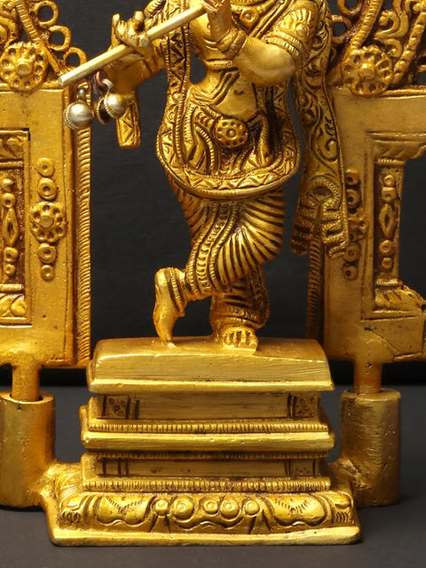 8" Brass Lord Krishna Idol Playing Flute on Kirtimukha Pedestal