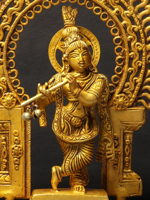 8" Brass Lord Krishna Idol Playing Flute on Kirtimukha Pedestal