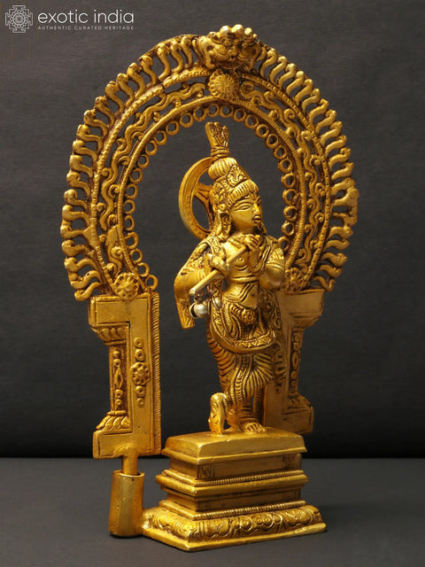 8" Brass Lord Krishna Idol Playing Flute on Kirtimukha Pedestal