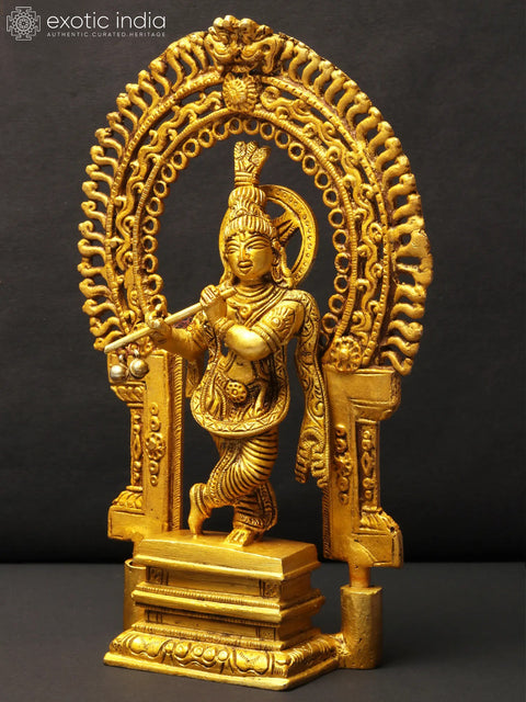 8" Brass Lord Krishna Idol Playing Flute on Kirtimukha Pedestal