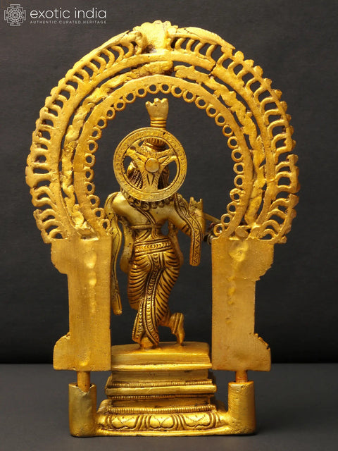 8" Brass Lord Krishna Idol Playing Flute on Kirtimukha Pedestal