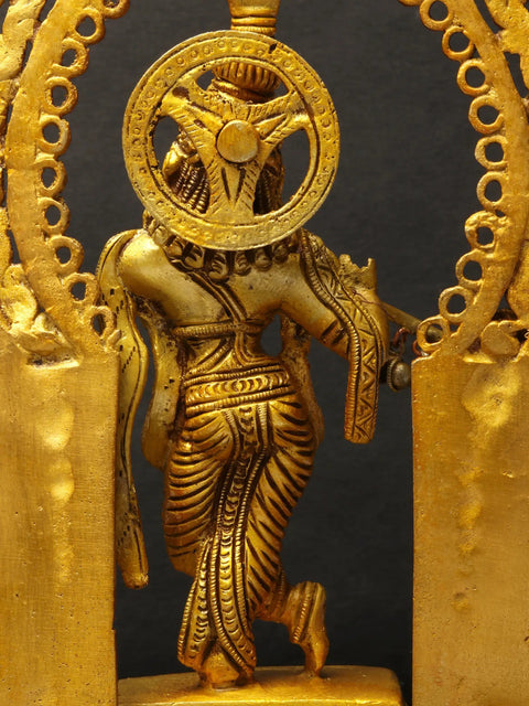 8" Brass Lord Krishna Idol Playing Flute on Kirtimukha Pedestal