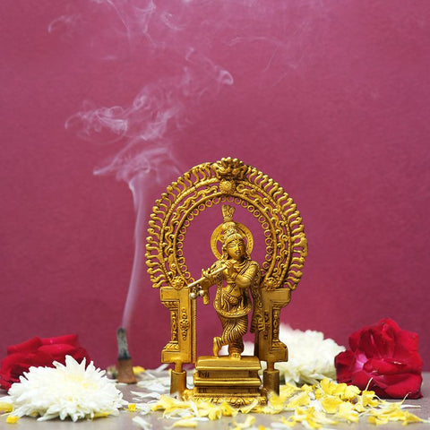 8" Brass Lord Krishna Idol Playing Flute on Kirtimukha Pedestal