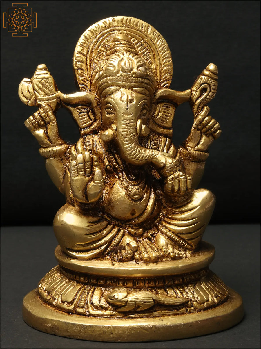 3" Small Brass Chaturbhuja Ganesha Sitting Idol for Pooja
