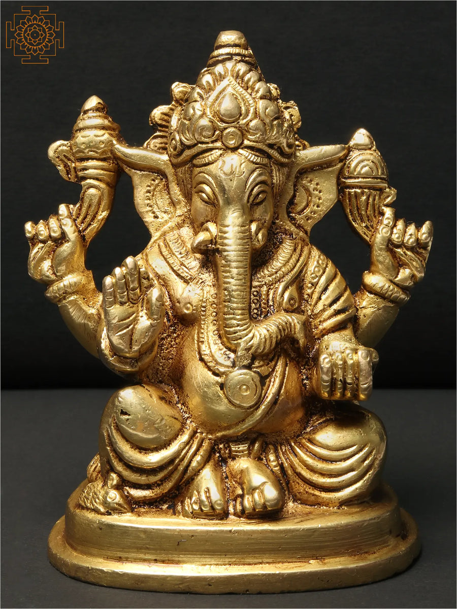 5" Chaturbhuja Lord Ganapati Handmade Brass Statue