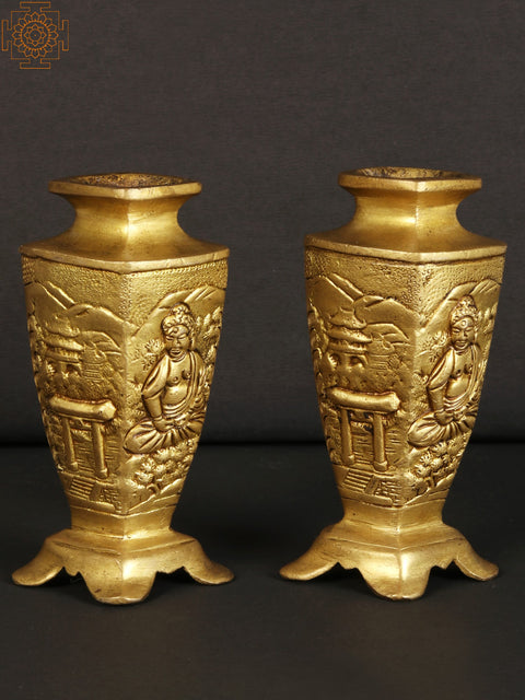 4" Small Decorative Pair of Vase with Buddha Carving