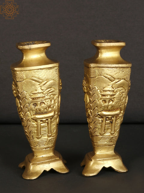 4" Small Decorative Pair of Vase with Buddha Carving