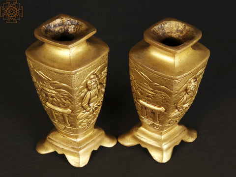 4" Small Decorative Pair of Vase with Buddha Carving