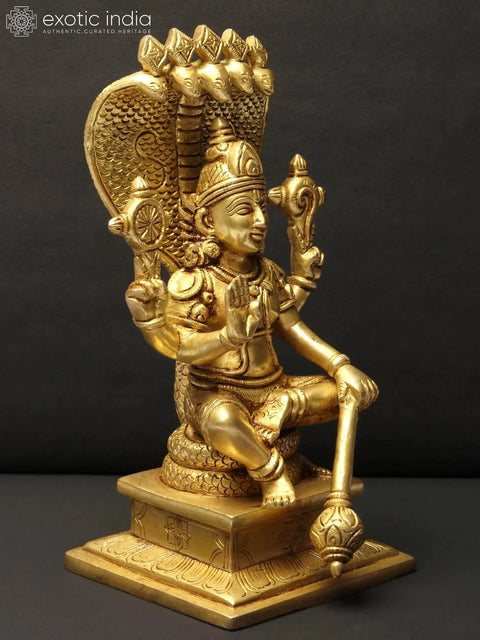 9" Vishnu Brass Statue Seated on Sheshnag