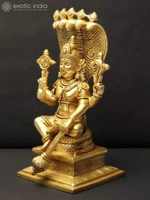 9" Vishnu Brass Statue Seated on Sheshnag