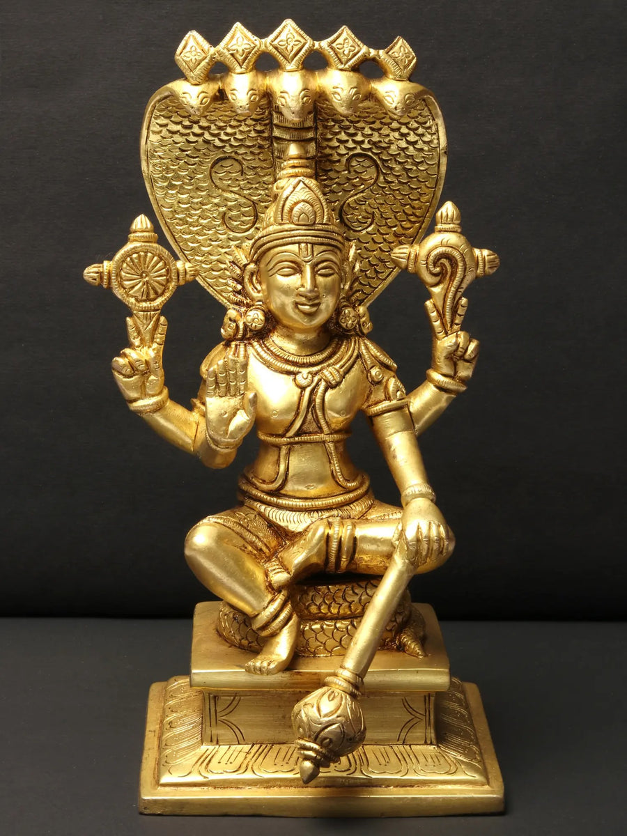 9" Vishnu Seated on Sheshnag Brass Statue for Pooja