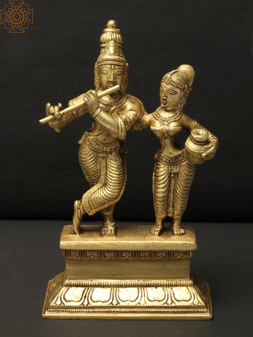 6" Radha Krishna Standing Together Brass Statue for Pooja