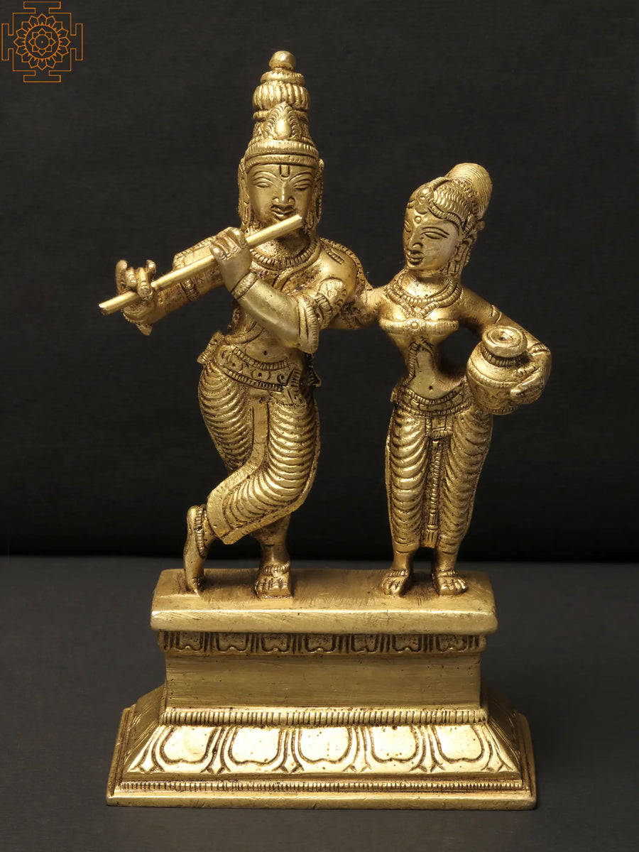 6" Radha Krishna Standing Together Brass Statue for Pooja