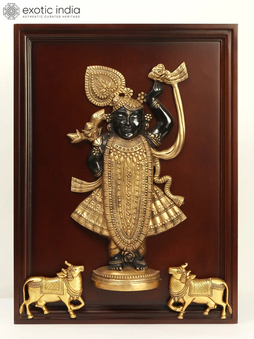 24" Brass Shrinath Ji Wooden Wall Hanging Sculpture