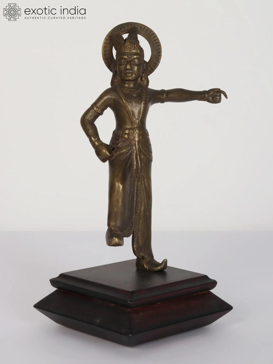 8" Lord Krishna Standing Brass Idol with Wooden Pedestal